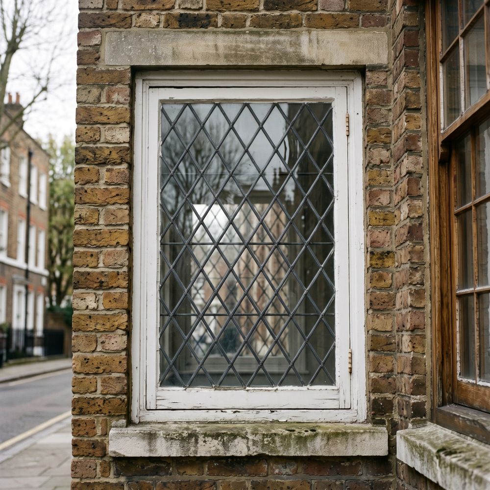 a traditional leaded light window on the brick façade of a Grade II listed townhouse in London